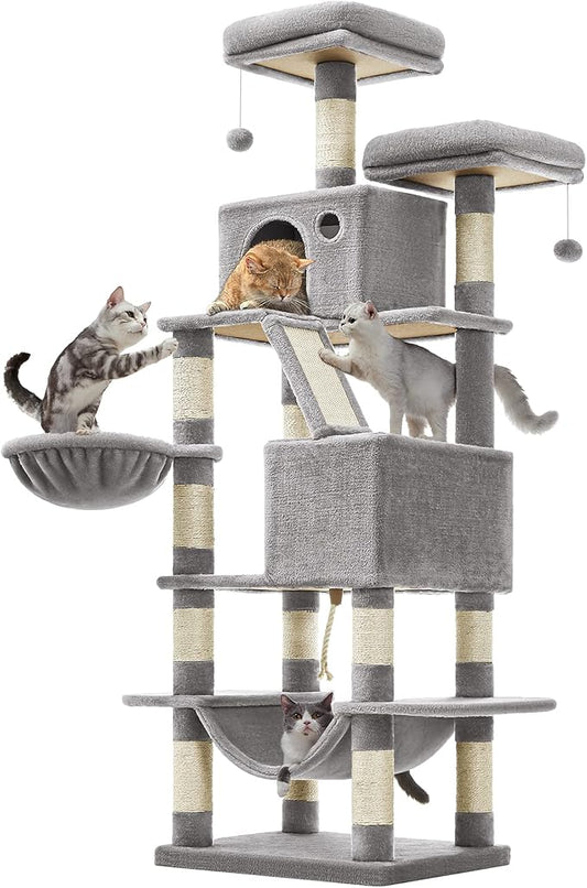 Feandrea Cat Tree, 66.1-Inch Large Cat Tower, Multi-Level Plush Condo with 13 Scratching Posts, 2 Perches, 2 Caves, Basket, Hammock, Pompoms, Light Gray UPCT165W01