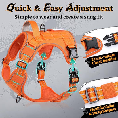 rabbitgoo Dog Harness for Large Dogs No Pull, Tactical Service Pet Vest with Molle and Control Handle, Adjustable and Reflective Military Harness for Easy Walking and Training, Orange, XL