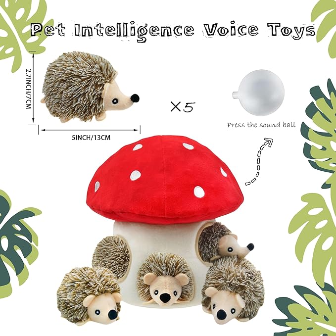 Hide and Seek Dog Toys, Mushroom Crinkle Paper Hideaway with 5 Pack Squeaky Hedgehogs Interactive Plush Puzzle Puppy Chew Toy to Keep Them Busy for Small Medium Large Dogs