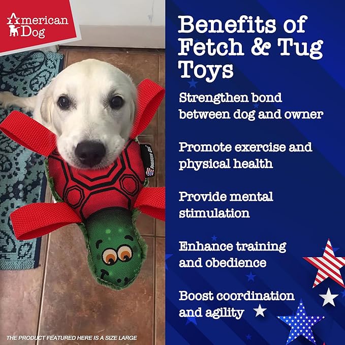 American Dog Tommy Turtle – Durable Fetch & Tug Dog Toy Made in USA from Pet-Safe, Machine-Washable 1000D Nylon and Minky Fleece for Bonding, Play Time, Mental Stimulation, Exercise, Training, & More