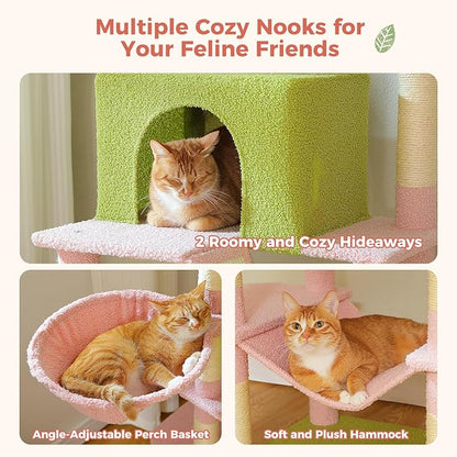 Flower Cat Tree Tall 70.8" for Adult Indoor Cats, 8-Levels Large Cat Tower with 8 Sisal Posts, 2 Hammocks, 2 Condos, Big Perch & 3 Pom Poms for Multi-Cats Household – Carpet Pink