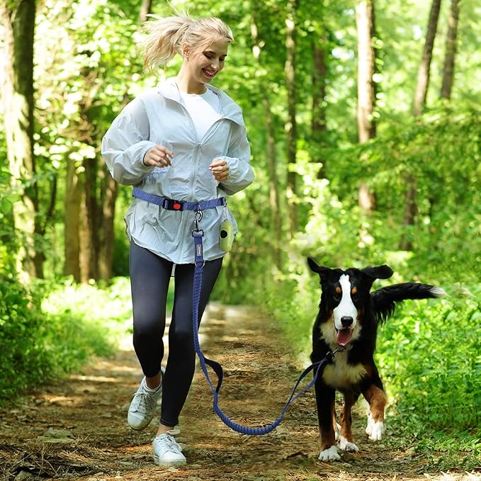 VIVAGLORY Hands Free Dog Leash Bungeetwin Running Dog Leash with Waist Belt for Running Walking & Jogging, Bungee & Around Waist for Pet, S, Navy Blue/Black