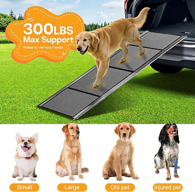 Dog Ramps for Large Pets, 71" Extra Long & 20" Extra Wide Foldable Aluminum Dog Ramp for Car, Support Up to 300LBS, Portable Non-Slip Rug Surface Pet Ramps for SUV, Truck, Van, Stairs, Bed, Couch
