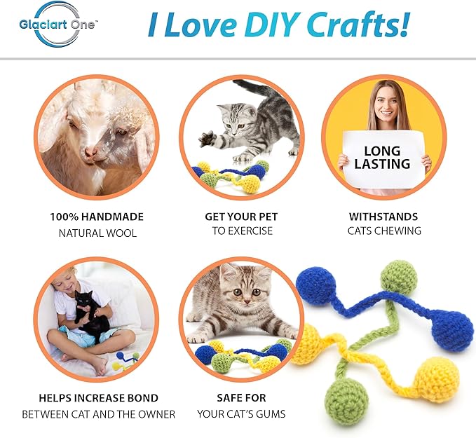 Glaciart One Catnip Wool Balls - Hanging Cat Toys for Indoor, 100% Natural Wool - Hanging or Sliding, Interactive Kitten Toy for Door Handles, Wall Hooks, Gift for Cats - Set of 3