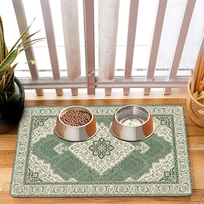 Pet Dog Cat Food Mat, Absorbent Dog Bowl Mats for Food and Water, Non Slip Boho Dogs Cat Placemats Feeding Mat for Floors Indoor Puppy Pet Accessories Supplies 17 * 30 inch, Retro Green