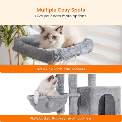 Heybly Cat Tree with Cat Self Groomer Brush, Cat Tower Condo for Indoor Cats with Padded Plush Perch, Cat House with Basket Scratching Board Post, Light Gray HCT005SW