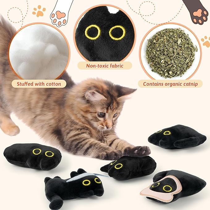 HubirdSall 5Pcs Cute Black Cat Catnip Crinkle Paper Sound Toys Gift for Cats, Catmint Teething Chew Kick Interactive Toy with Bread for Indoor Kitty, Soft Funny Pet Presents Supplies for Kitten Lover