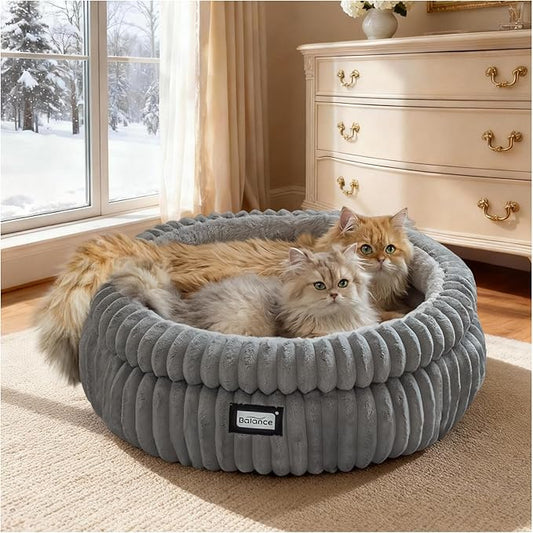 BALANCE Cat Bed Kitten Bed, Washable Round Cat Beds for Indoor Cats,Super Soft Plush Faux Fur Pet Bed for Puppy and Kitten with Anti-Slip Bottom