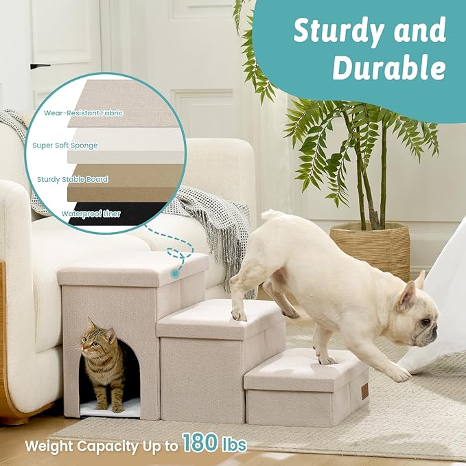 Dog Stairs with Storage, 3-Step Wider Sturdy Dog Steps for Small/Medium/Large Dogs and Older Cats, Doggie Ramp with Condo for Bed/Couch/Car Hold Up to 180 lbs (17.7" H, Beige)