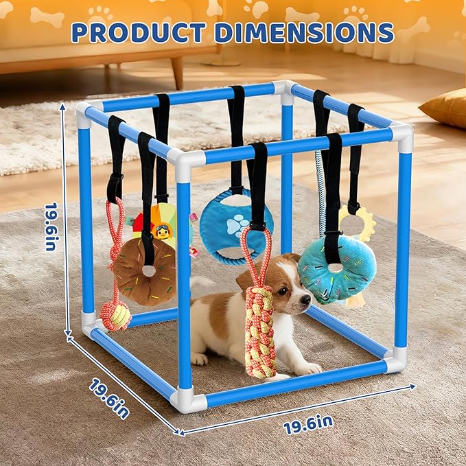 Puppy Play Gym with 8 Hanging Toys Interactive Puppy Toys for Small Breed Indoor Play Gym for Boredom Enrichment Activity Teething PVC Frame Stretchy Rope with Velcro (Blue)