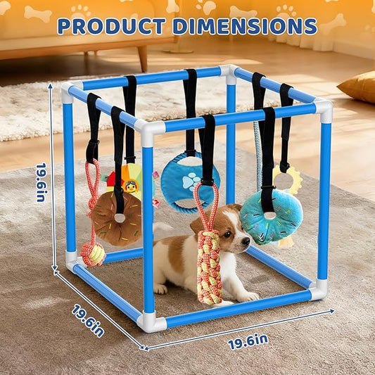 Puppy Play Gym with 8 Hanging Toys Indoor Play Gym Interactive Dog Toys for Boredom Enrichment Activity for Small Dog Teething PVC Frame Stretchy Rope with Velcro (Blue,19.6 x 19.6 x 19.6 inch)