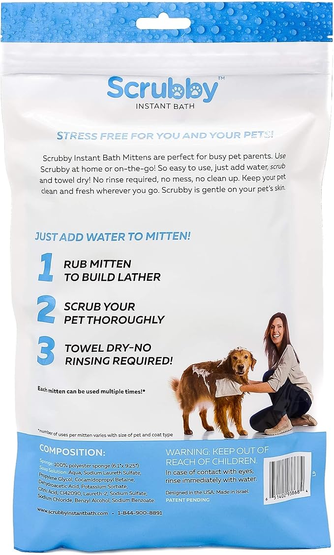 No Rinse Pet Wipes | Rinse Free Shampoo Mittens | Dogs & Cats | Bath Wipes - Bathing & Washing Pets, Hypoallergenic | No Rinse Wash Mitt | Grooming, Lather Wipe Dry - Pack of 15