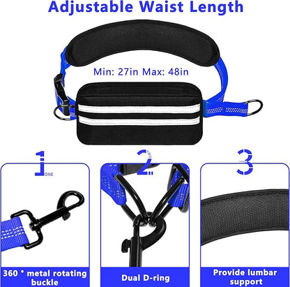 Hands Free Dog Leash with Zipper Pouch, Running Waist Leash for Dog Walking, Adjustable Waist Belt for Large Dogs, Reflective Bungee Design with Two Handle for Hiking, Training, Royal Blue