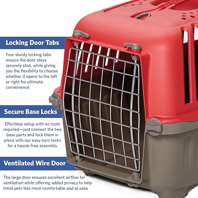 MidWest Homes for Pets Spree Travel Carrier – Hard-Sided Dog & Cat Carrier, Small Pet Travel Crate with Handle, Ventilated Design, Easy Assembly, 24-Inch, Red