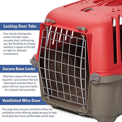 MidWest Homes for Pets Spree Travel Carrier – Hard-Sided Dog & Cat Carrier, Small Pet Travel Crate with Handle, Ventilated Design, Easy Assembly, 24-Inch, Red