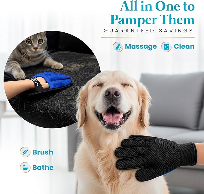 Pet Hair Remover Gloves System – 3-in-1 Set: 2 Grooming Mitts + 1 Reusable Pad for Dogs, Cats & Horses – Professional Shedding Brush for Long & Short Hair