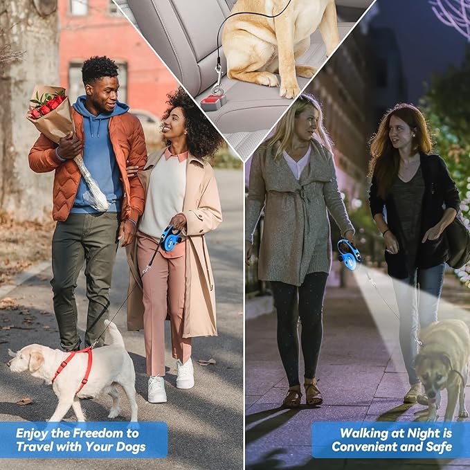 Heavy Duty Retractable Dog Leash for Large Dogs, 26ft Dog Leash with Poop Bag Holder, Up to 110lbs, chew Proof Cable, LED Light, 360° No-Tangle, One-Handed Pause & Locked. (Blue, L 26ft)