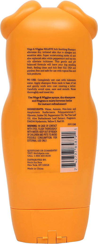 Wags & Wiggles Relieve Anti-Itch Dog Shampoo, Tropical Mango Scent - pH-Balanced Shampoo with Jojoba Oil, Aloe, and Tea Tree Oil for Dogs with Dry or Sensitive Skin, 16 Fl Oz
