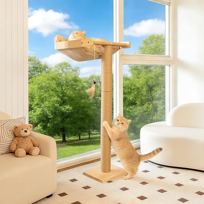 46" Cat Window Perch with 3 Adjustable Sisal Scratching Posts, Drill-Free Suction Cups, Multi-Level Climbing Perch for Bird Watching & Play, 45 lbs Capacity