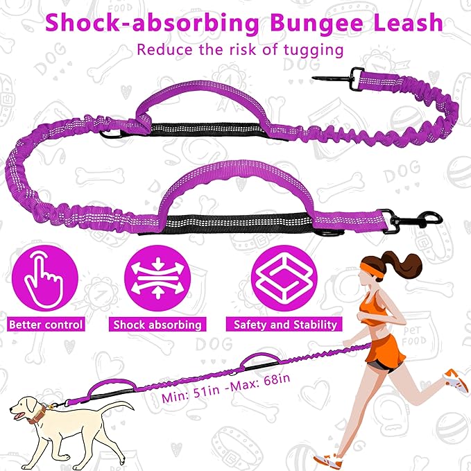 Hands Free Dog Leash with Zipper Pouch, Running Waist Leash for Dog Walking, Adjustable Waist Belt for Large Dogs, Reflective Bungee Design with Two Handle for Hiking, Training, Rose Red