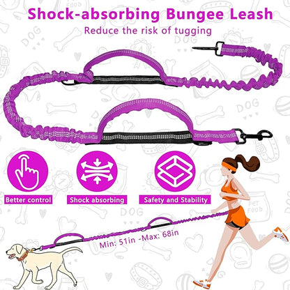 Hands Free Dog Leash with Zipper Pouch, Running Waist Leash for Dog Walking, Adjustable Waist Belt for Large Dogs, Reflective Bungee Design with Two Handle for Hiking, Training, Rose Red
