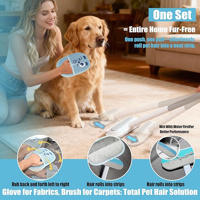 Magic pet Hair Remover Set for Dogs & Cats, Includes 4-in-1 Extended Handle Hair Brush, Hair Glove & Free Metal Storage Hook, Works Great on couches, Carpets, Furniture, car Seats and Hard Surfaces.