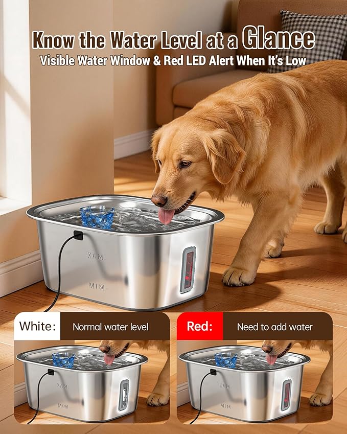 PETNF 3-Gallon Stainless Steel Dog Water Fountain for Large Dogs, Dog Water Bowl Dispenser with 4 Filters, Visible Water Window, Quiet Pump & LED Low-Water Indicator