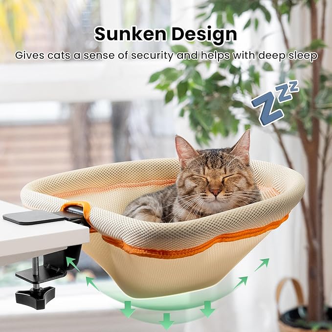 Cat Desk Bed - One-Click Folding, Sunken Design & Space-Saving Semi-Circular Cat Bed, Mesh Cover Material, Suitable for Various Desktops-Maximum Hold Up to 40lb
