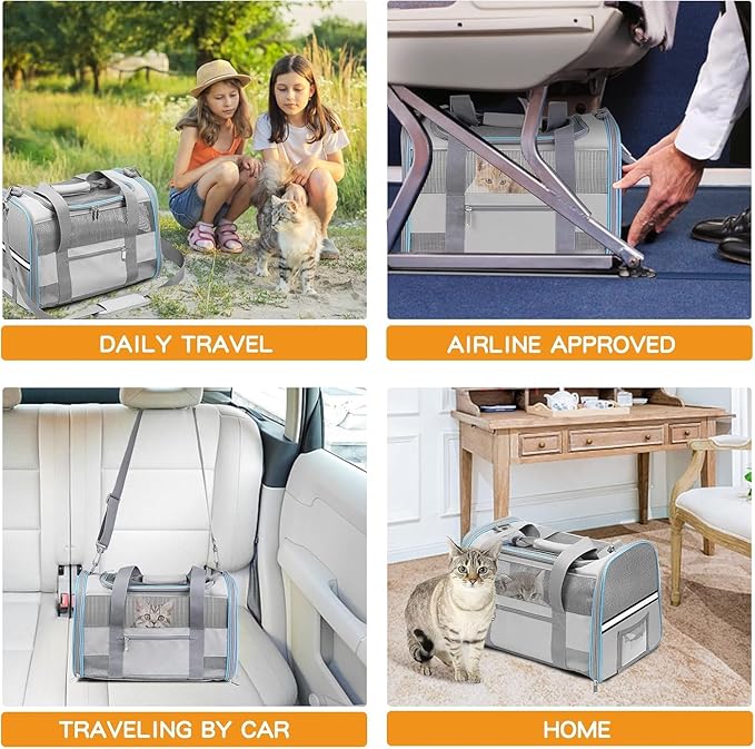 Heavy Duty 20 Inch Cat Carrier with Double Doors, Collapsible Airline Approved Pet Crate for Large Cats, Easy-Clean Travel Kennel for Car, Vet, Airport, Home Use, Light Grey