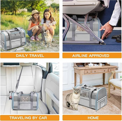 Heavy Duty 20 Inch Cat Carrier with Double Doors, Collapsible Airline Approved Pet Crate for Large Cats, Easy-Clean Travel Kennel for Car, Vet, Airport, Home Use, Light Grey