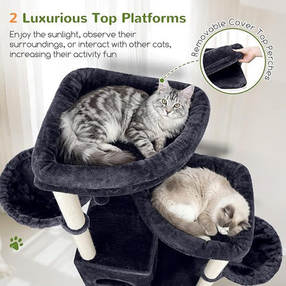 Globlazer Cat Tree Tower for Indoor Cats, Sturdy Adult Cat Tree House for Large Adult Cats with 2 Platform, 6 Cat Scratching Post, 2 Cat Caves, Dangling Toys, S63, 63 inch, Dark Grey