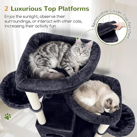 Globlazer Cat Tree Tower for Indoor Cats, Sturdy Adult Cat Tree House for Large Adult Cats with 2 Platform, 6 Cat Scratching Post, 2 Cat Caves, Dangling Toys, S63, 63 inch, Dark Grey
