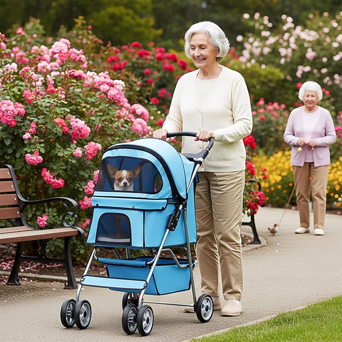 BestOffice Pet Stroller for Small Medium Dogs & Cats, 4-Wheel Foldable Dog Stroller with Cup Holder, Lightweight Travel Carrier, Waterproof Design for Outdoor Walks, Blue