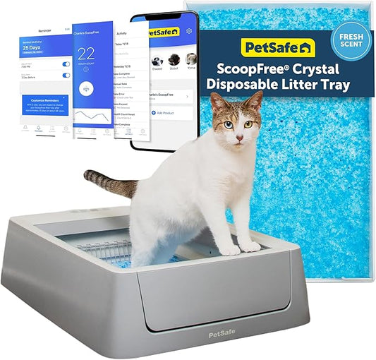 PetSafe ScoopFree Crystal Smart Automatic Litter Box - Uncovered Motion-Sensing Cat Box with Integrated Health Counter & App - Includes 1 Disposable Crystal Litter Tray