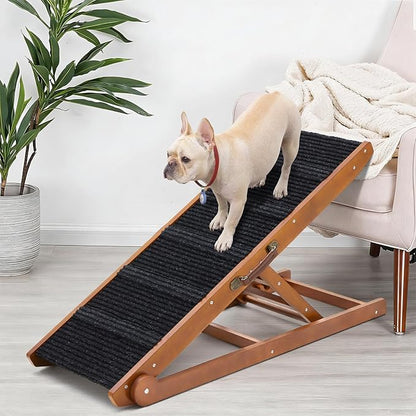 Dog Ramp for Bed - Foldable Small to Large Dog Ramp for Couch - 6 Adjustable Height from 12" to 24" - Stairs with High Traction Mat - Wooden Ramp for Dogs to Get on Bed Couch Car Up to 200LBS（Walnut）