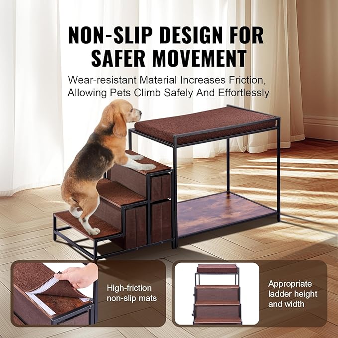VEVOR Pet Bunk Bed with Stairs, Dog/Cat Window Perch with Storage, Multi-Level Bed Window Perch Dog Bedside Sleeper Couch, Pet Seat Platform for Medium Size Pet, Indoor Use (Dark Brown)