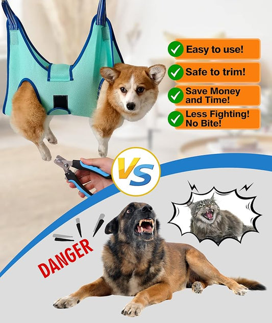 Dog Grooming Hammock Harness, Hanging Harness Holder for Nail Clipping, Nail Trimming Hammock with Wide Strap, Grooming Sling Hanger Restraint Bag for Claw Care (XX-Large 65 LB Max/Turquoise)