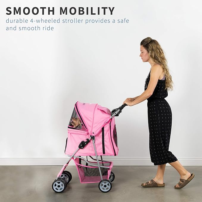 VIVO Pink 4 Wheel Pet Stroller for Cat, Dog and More, Foldable Carrier Strolling Cart, STROLR-V001N