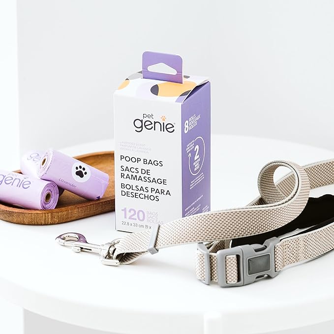 Pet Genie, Dog Poop Bags Rolls Scented, Extra Strong & Leak-Proof for Dogs, Lavender Scented, Easy Tear Pet Waste Bags, Made from 65% Recycled Plastic, 8 Rolls (120 Count)