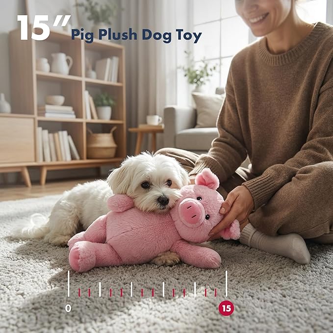 Pet Lou 15 Inch Pig Plush Dog Chew Toy with Squeakers & Crinkle Paper, Super-Soft Durable Plush, Interactive Stuffed Dog Toy for Indoor & Outdoor Play, Pink