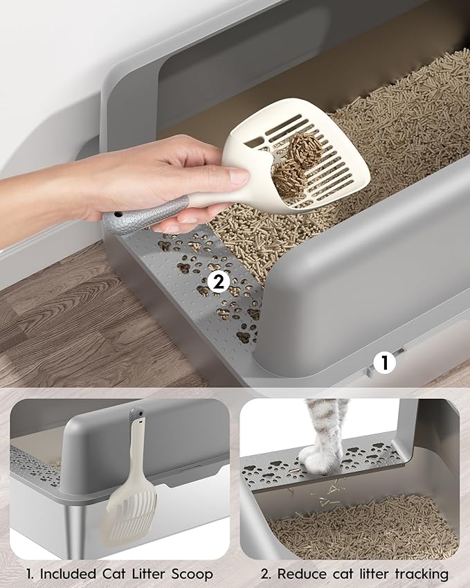 Stainless Steel Cat Litter Box, Extra Large High Sided Litter Boxs for Big Cats, XL Metal Litter Box with Lid, Non Stick, No Smell, Easy to Clean, Included Scoop