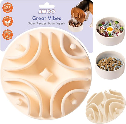 Awoo Great Vibes - Silicone Slow Feeder for Dog Bowls Over 5.5 Inches - Non-Slip, Wet and Dry Food-Compatible Pet Dish with Suction Cups - Extends Mealtime for Fast Eaters - Dishwasher Safe (Almond)