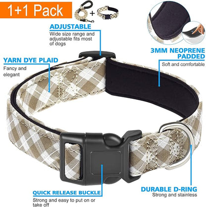 Reflective Dog Collar Padded with Soft Neoprene Breathable Adjustable Nylon Dog Collars for Small Medium Large Dogs (X-Small (Pack of 1), Vanilla Plaid Collar+Leash)