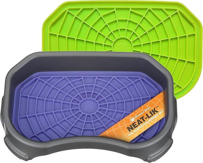 Neater Pets Neat-LIK Dog Lick Mat w/Mess-Proof Tray, Lick Mat for Dogs, Cats, Puppy, Reduces Anxiety & Boredom, Peanut Butter Slow Feeder, Interactive Treat Licking Pad (Purple & Green/Gunmetal)