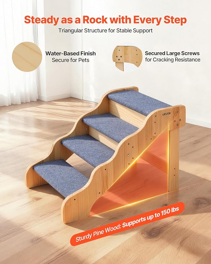 VEVOR Wood Pet Stairs, 4-Step Dog Stairs for High Beds, Sofa & Cars, 150lbs Load Capacity, Non-Slip Surface, Stable Cat & Dog Step Ladder for Small Medium Large Older Pet Puppy Essentials