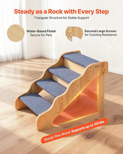 VEVOR Wood Pet Stairs, 4-Step Dog Stairs for High Beds, Sofa & Cars, 150lbs Load Capacity, Non-Slip Surface, Stable Cat & Dog Step Ladder for Small Medium Large Older Pet Puppy Essentials