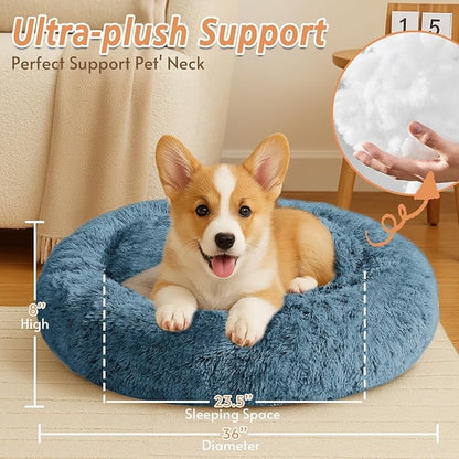 JOLLYVOGUE Calming Dog Beds Large Sized Dog, 36in Donut Washable Large Pet Bed, Anti-Slip & Anti-Anxiety Fluffy Faux Fur Round Dogs Bed, Fits up to 80 lbs Pets (Blue)