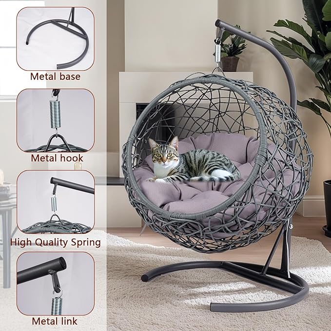 Anwick Cat Swing Bed with Stand & Cushion Indoor Outdoor, Egg Chair with Rattan Wicker Appearance, Indoor Hanging Swinging Hammocks for Cat, Dogs, and Small Animals Bedroom Porch (Gray)