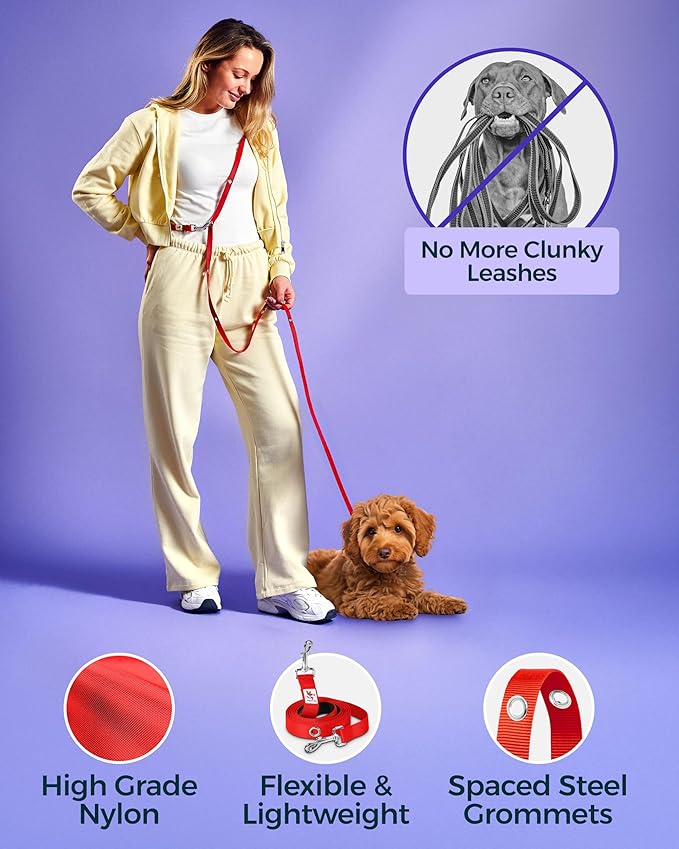Hands-Free Dog Leash Training Running Snapleash, Waist & Shoulder Lead for Walking, Traffic Lead, Dual Pet Leash Adjustable for Large, Medium and Small Dog Breeds (RED, Large (1in x 7.5ft))