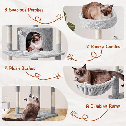 Yaheetech 76in Cat Tree Multi-Level Cat Tower with Large Cat Condo＆Cozy Perches Stable Pet Play House w/Sisal-Covered Scratching Posts＆Board for Indoor Cats, Light Gray